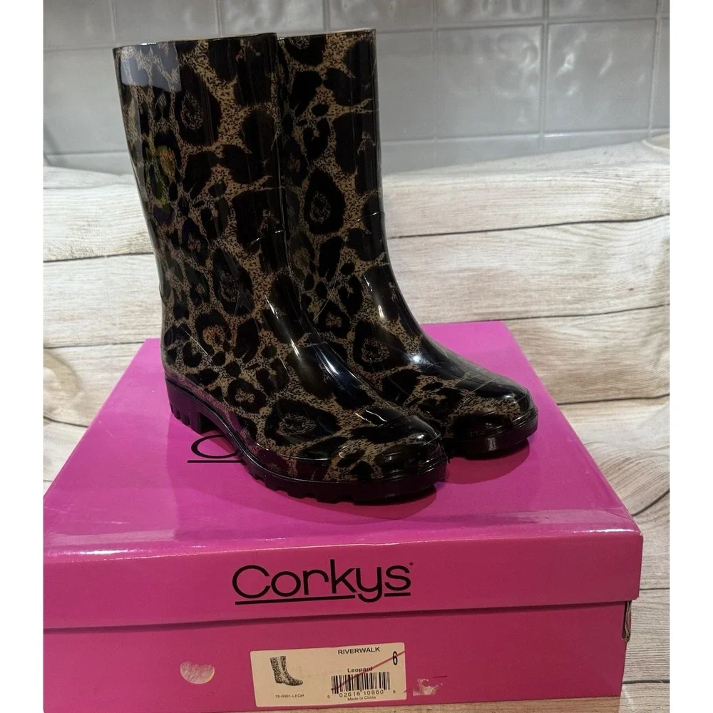 NEW Corkys Riverwalk Leopard Tall Muck Slip On Rain Boots Shoes Sz 6 NIB